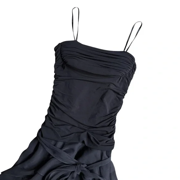 Y2K BCBG Black Flowy Silk Mini Dress Waist Tie Sash Goth Fairy Dress Style S